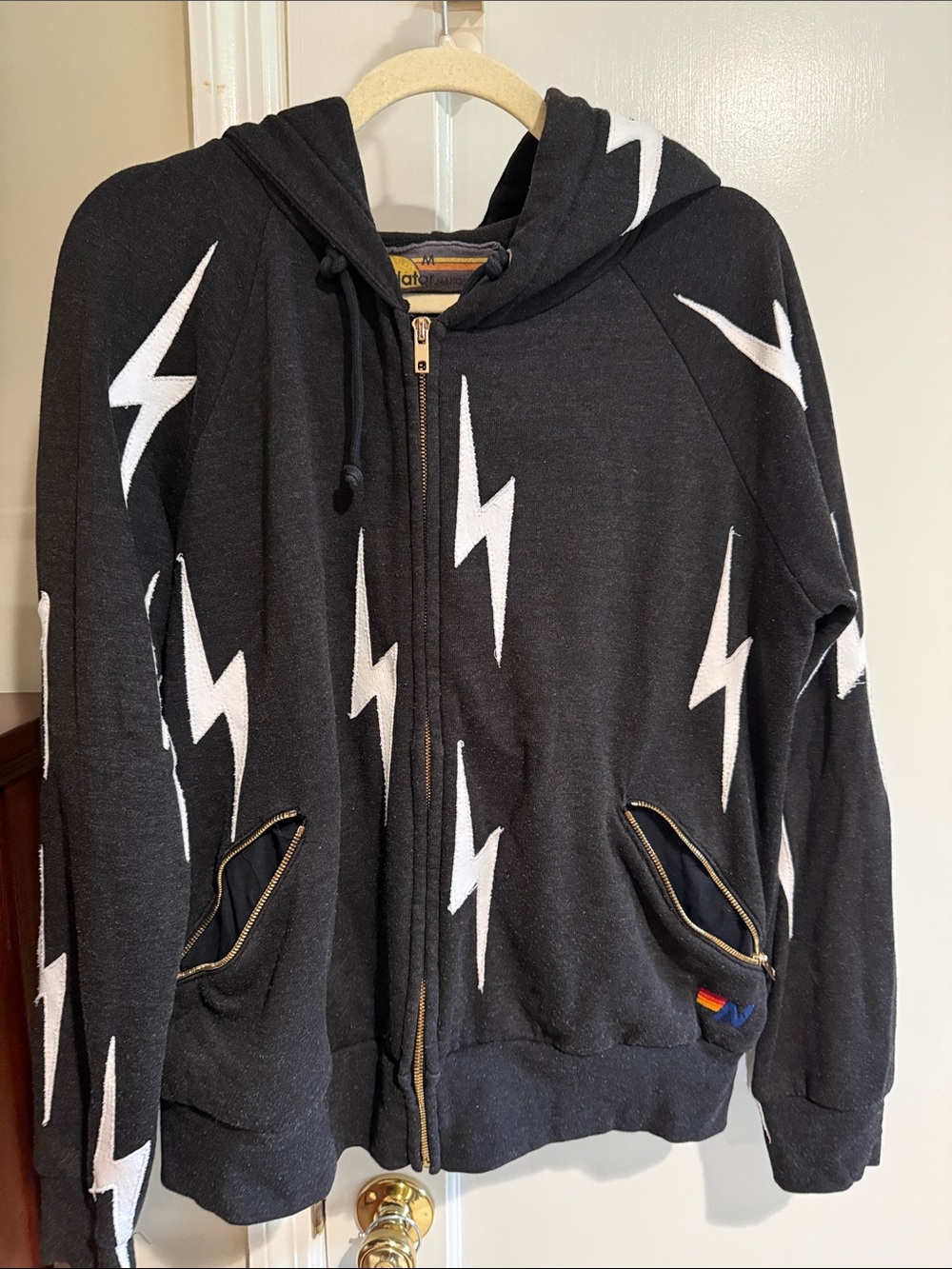 Aviator Nation Black Hoodie Sweater with White Lightning Bolts